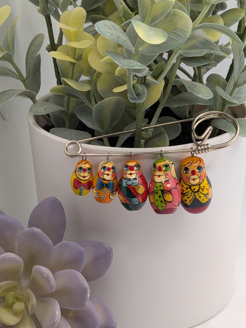 Vintage Clown Wooden Matryoshka Russian Nesting Doll Charm Safety Pin Brooch